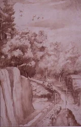 PD.52-1997 Udsigt over klosteret La Verna, vejen der fører til klosteret, ca. 1607-12 (vask, pen og blæk på papir)