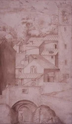 PD.53-1997 Udsigt over klosteret La Verna, indgangsporten og klokketårnet, ca. 1607-12 (vask, pen og blæk på papir)