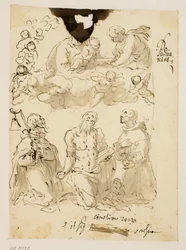 Sts Antony, Jerome og Bernardino knælende, med Jomfruen og spædbarnet Kristus omgivet af børneengle hinsides