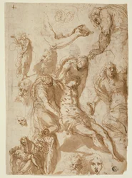 Skitser til en Klagesang og en Pietà og af forskellige Skikkelser, Hoveder og en Arm (recto); Skitser af den døde Kristus og af forskellige figurer og hoveder (verso)