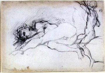 Studie af siddende og tilbøjelige figurer til en lunette i salonen i Villa Medici i Poggio a Caiano (kridt)