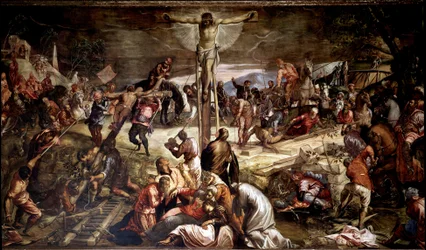 "" Korsfæstelse "" Maleri af Tintoretto (Jacopo Robusti) (1518-1594) 1565 Dim 536x1224 cm Venedig, Scuola di San Rocco