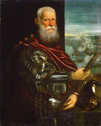 Sebastiano Venier (1496-1578), med slaget ved Lepanto i baggrunden - Jacopo Tintoretto (1518-1594). Olie på lærred, efter 1571. Mål: 104,5x83,5 cm. Kunsthistorisk museum, Vienne