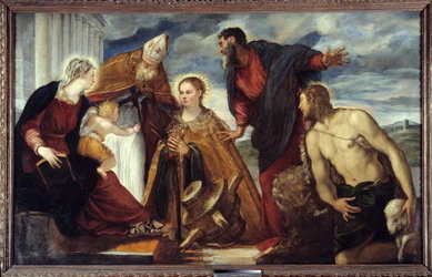 Jomfruen og barnet med Saint Catherine, Saint Augustine, Saint Mark, Saint John the Baptist Maleri af Jacopo Robusti dit Il Tontoretto (Tintoret) 1549 Søn. 1,93x3,14 m Lyon, Musee des Beaux Arts