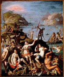 Koralfiskeri Allegorisk fremstilling af opdagelsen af den nye verden. Akvatiske og indiske nymfer med havets rigdomme, koraller, perleskaller. Maleri af Jacopo Zucchi (1551-1589) 1585 ca. Svag. 55 x 45 cm Rom, galleria Borghese