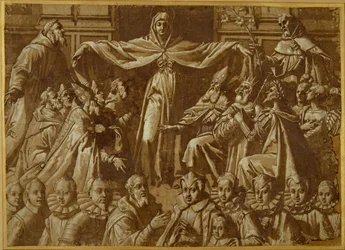 Madonna della Misericordia med Sts. Francis og Dominic, med andre helgener og herskere og en familie af donorer (pen og brunt blæk med vask og hvid kropsfarve på papir)