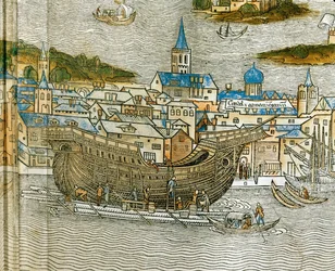 Bygning af en galej på et skibsværft i Venedig, fra Peregrinatio in Terram Sanctam, først trykt på latin i 1486 ... (træsnit)