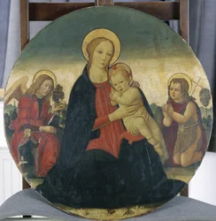 Madonna og barn med ærkeenglen Raphael og St. John, ca. 1490 (tempera på poppeltræ)