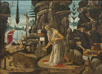 Sankt Jerome penitent - Den angrende Sankt Hieronymus, af Jacopo del Sellaio (1442-1493). Olie på træ. Mål: 66,5x91,5 cm. Nationalmuseum Stockholm