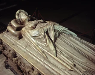 Liggende af Ilaria del Carretto (1379-1405), hustru til Paolo Guinigi (1376-1432) italiensk politiker (Ilaria del Carrettos begravelsesmonument, kone til Paolo Guinigi) Marmorskulptur af Jacopo della Quercia (1371 / 74-1438-) 14068 1407 Lucca (Lucca), kate