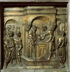 Englen viser sig for Zacharias (bronzeflise fra døbefont, ca. 1427)