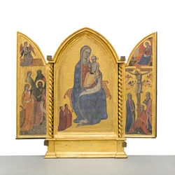 Madonna og barn; Bebudelse; Korsfæstelse og hellige, ca. 1380 (panel)