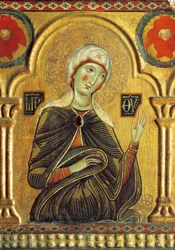 Mariafigur, fra Forløser med Madonnaen og tre hellige, af Meliore Toscano eller Meliore di Jacopo (ca. 1255-1285), tempera og guld på panel, 85x210 cm