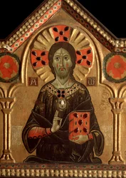 Polyptykon med forløser og helgener: Detalje af Jesus, hvis aureol er markeret med et kors - olie på panel 1271