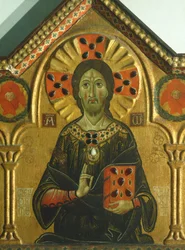 Redeemer, detalje fra Redeemer with Madonna and three Saints, af Meliore Toscano eller Meliore di Jacopo (ca. 1255-1285), tempera og guld på panel, 85x210 cm