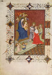 MS 11060-11061 Frontispice med John, Duc de Berry, Sankt Andreas og Sankt Johannes bedende foran Jomfruen, fransk, fra 