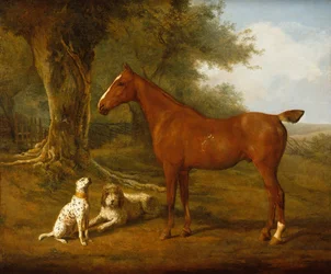 En kastanjejæger med en briard og en dalmatiner (olie)