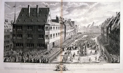 Illustration fra det 18. århundrede af Ludvig XV, konge af Frankrig, regerede 1715-1774, der går gennem Rue de Strasbourg, Paris.