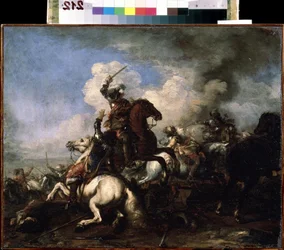 ""Le combat de chevaliers"" (Cavalry Combat) Maleri af Jacques Courtois (1621-1676) Mikhail Kroshitsky kunstmuseum fra det 17. århundrede, Sevastopol (Sevastopol) Ukraine