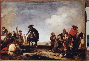 ""Efter slaget"" (Efter slaget) En gruppe munke passerer blandt de sårede for at velsigne dem. Maleri af Jacques Courtois (1621-1696) Eremitagemuseet fra det 17. århundrede, Sankt Petersborg (Saint-Petersburg)
