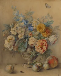 Blomster i en sølvstøbemaskine, frugt i forgrunden, 1700-tallet.