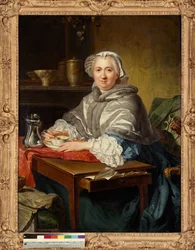 Madame Brion sidder og drikker te