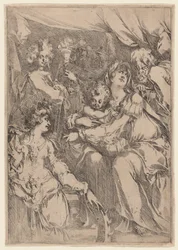 Den hellige familie med Saint Catherine, Saint John the Evangelist, and an Angel, 16121616.
