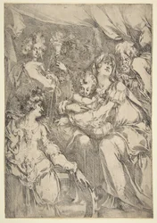 Den hellige familie med Saint Catherine, Saint John the Evangelist and an Angel, 1612-16.