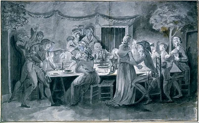 Bryllupsmiddag under revolutionen Tegning af Jacques Bertaux (1745-1818) Paris.