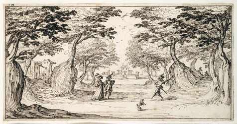 En fin dame og herre, der danser i skoven til en lut, et slot i det fjerne (pen & brunt blæk på papir)