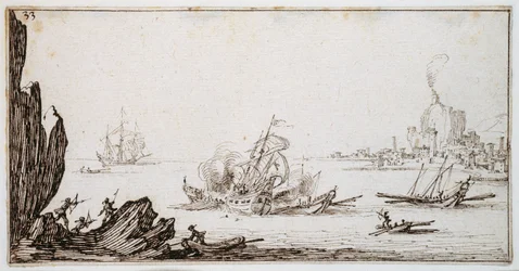 En galease rammes midtskibs af en krigsmand under sejlads i sigte fra havnen, ca. 1617 (pen og brun blæk på papir)