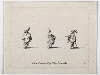 En dame med rynket skørt og to kavalerer, fra Les Fantaisies de Noble J. Callot ... (kobberstik)