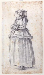 Figur med pelsklippet kjole (sort kridt på papir)