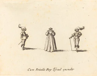 Dame set bagfra og to herrer, sandsynligvis 1634.