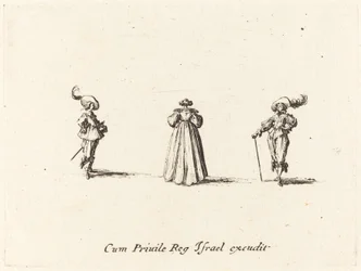 Dame set bagfra og to herrer, sandsynligvis 1634.