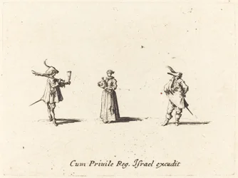 Dame med vinflaske og to herrer, formentlig 1634.
