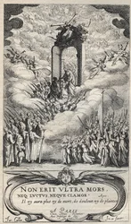Hellige og helgener skynder sig ved døren til Paradiset - komposition og gravering af Jacques Callot (1592-1635)