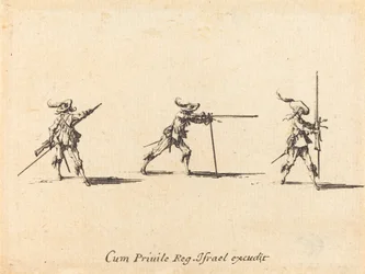 Indtager skudpositionen med musketten, 16341635.