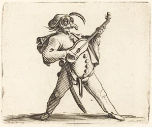 Den maskerede komiker spiller guitar