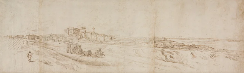 Udsigt over Castello Bracciano, nær Rom med bus og figurer