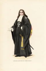 Grand Cross of the Knights Hospitaller, Order of Malta, Order of Knights of the Hospital of Saint John of Jerusalem, Chevalier Grand-Croix de l’Ordre de Malte. Håndfarvet træblokgravering efter en illustration af Jacques Charles Bar fra Abbot Tiron