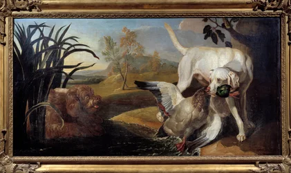 Braque hund holder en gråand i munden Maleri af Jacques Charles Oudry (1720-1778) Paris fra det 18. århundrede, dekorativ kunst