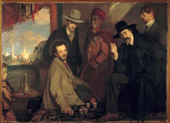 André Gide og hans venner på Café Maure ved Verdensudstillingen i 1900 (Eugène Rouart; Charles Chanvin; Athman Ben Salah; Henri Ghéon). Maleri af Jacques-Émile Blanche (1861-1942), 1900. Mål: 1,56x2,2 m. Rouen, Musée des Beaux-Arts