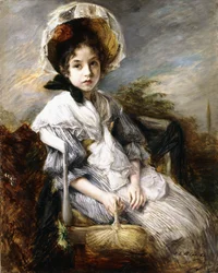 Portræt af en ung pige, der sidder i et landskab,