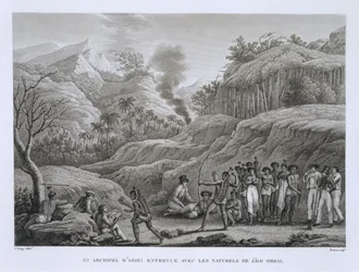 Great Asian Archipelago: Franske opdagelsesrejsende med indfødte på øen Ombai, fra Voyage Autour du Monde (1817-20), af Louis Claude De Saulces de Freycinet (1779-1842) graveret af Bovinet, udgivet