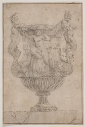 Prydvase med Pan, faun og nymfe. Kopi efter Pl. 14 i suiten af de i 1746 af Saly tegnede vaser. "Vasa a se inventa..."