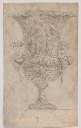 Prydvase med to putti (havfruer?). Kopi efter redigering (pl. 9) i suiten af de i 1746 af Saly tegnede vaser. "Vasa a se inventa...".