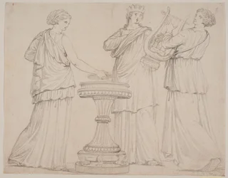 Tre kvinder i græske gevandter ved et alter. Kvinden t.v. med en tavle (?), i midten med en krone, t.h. med en lyre (terpsichore?)