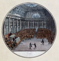 Tredjestandens statskup: »Kommunernes deputerede konstituerede sig alene som Nationalforsamlingen mod ønsket hos adelens og gejstlighedens deputerede, der mødtes i to kamre den 17. juni 1789.« Stik ved Jacques-François Joseph Swebach