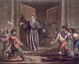 Mathieu Mole (1584-1656), der bliver chikaneret af folket, graveret af Jean Baptiste Morret (fl.1790-1820), 1792